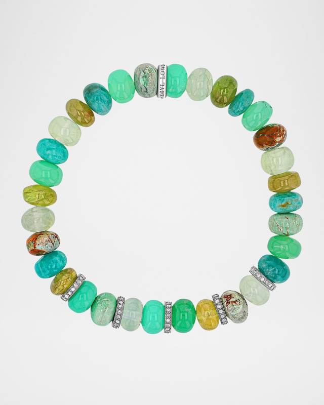 Mixed Green Bead Bracelet with Pave Diamond Rondelles